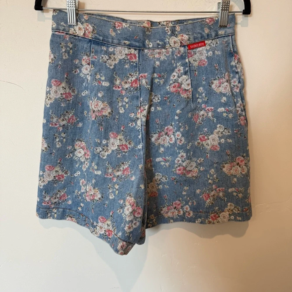 Vintage Blue Floral Denim Mini Skort Skirt Womens Size 9/10 100% Cotton Feminine